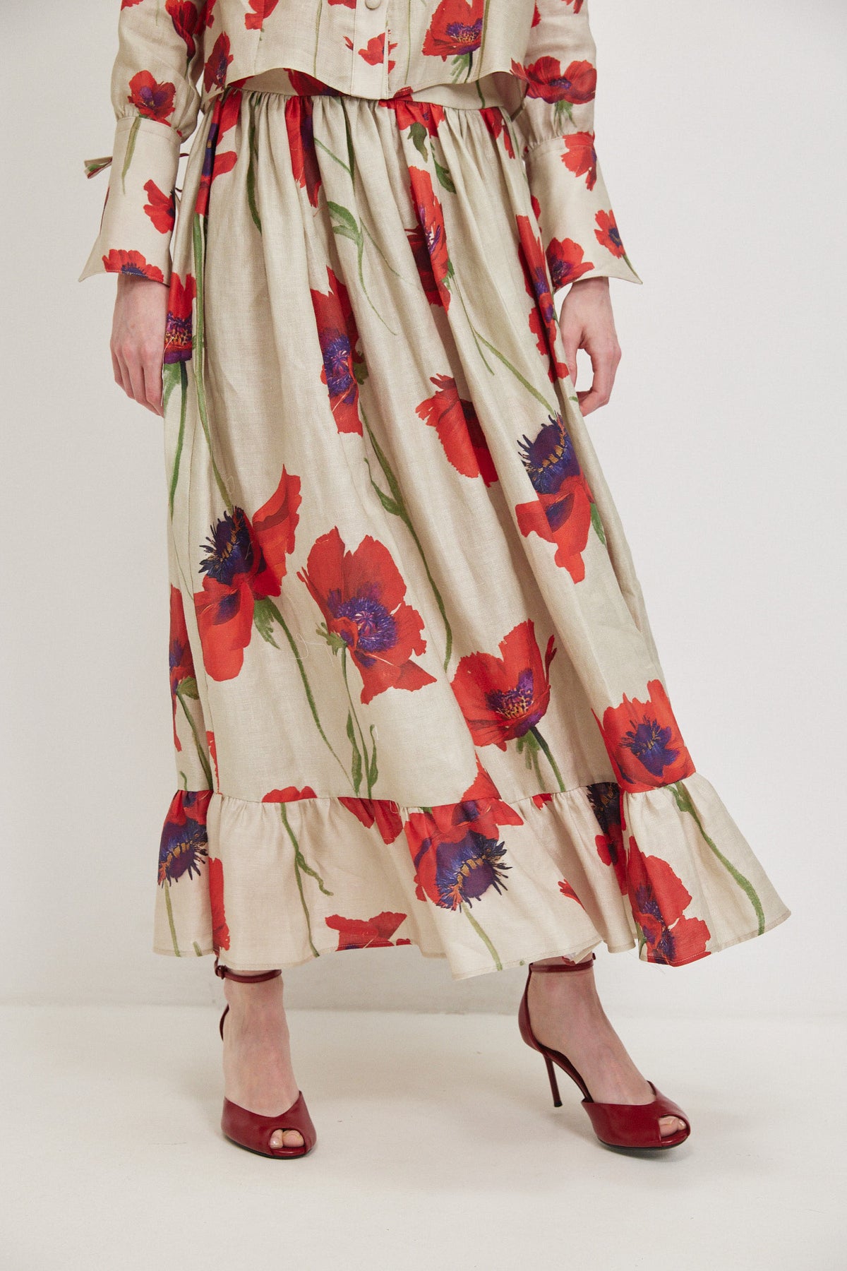 Red Calanit Linen Maxi Skirt-